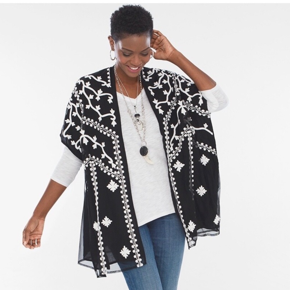 13. Chico’s SOUTACHE BORDERED RUANA embroidered top
